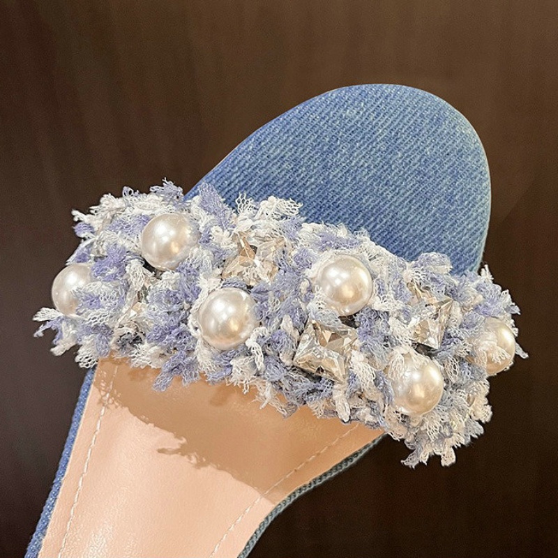 New 2024 Summer Pearl Sandals Round Head New Open Toe Fashion All-in-one Korean One-e Belt Denim High Heels b791