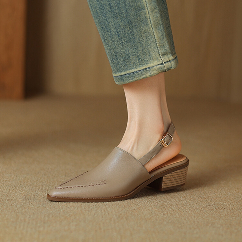 NEW Summer Women Sandals Genuine Leather Shoes for Women Pointed Toe Chunky Heel Shoes Simple Cover Toe Slingback Buckle Sandals