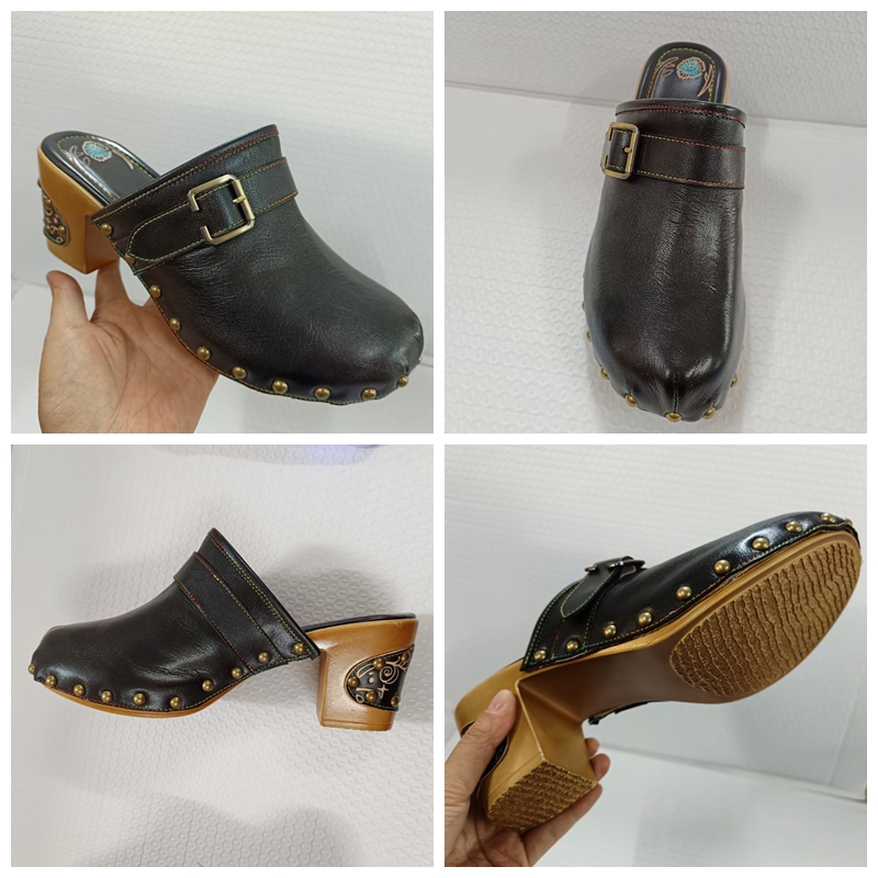 Koznoy 7.5cm Sheepskin Women Leather Chunky Heels Big Size Moccasins Metal Decoration Clogs Sandals Ethnic Summer Slippers Shoes