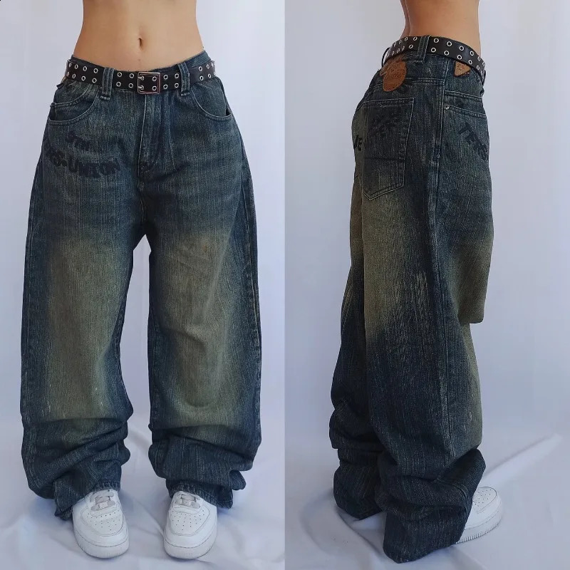 Y2K Street Vintage Fashion Old Washed Baggy Jean Harajuku Hip Hop Leisure Gothic High Waist Wide Leg Pants 240904