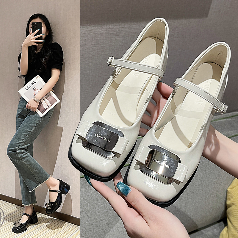 Square Head Single Shoes Women 2024 Spring New Korean Retro Everything Thick Heel Soft Soft Surface Mary Jane Shoes Bean Shoes