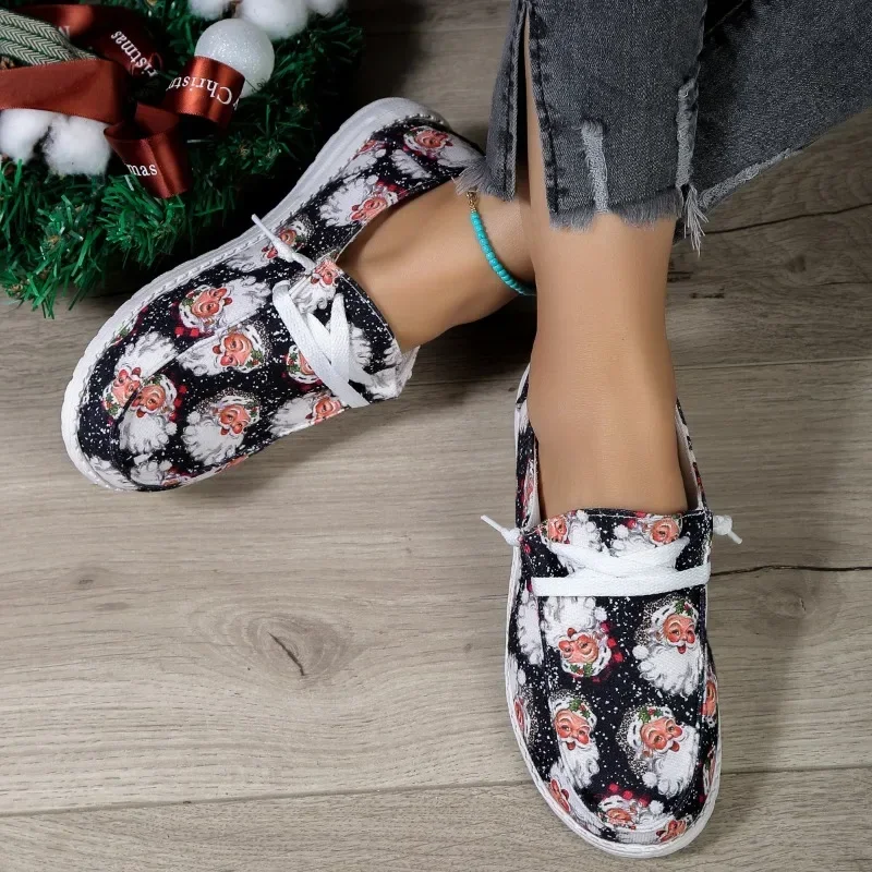 Christmas Sneakers Woman Lonely Canvas Shoes Autumn Santa Claus Print Fashion Breathable Casual Flat Shoes New Year Gifts