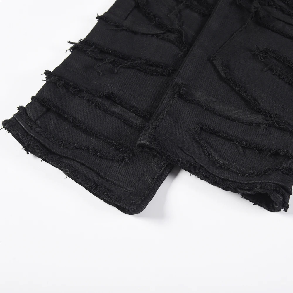 Ripped Jeans Men Hip Hop Y2k Vintage Slim Black Trousers Autumn Winter High Street Fit Cool Skinny Stacked Wax Hole Denim Pants 240909