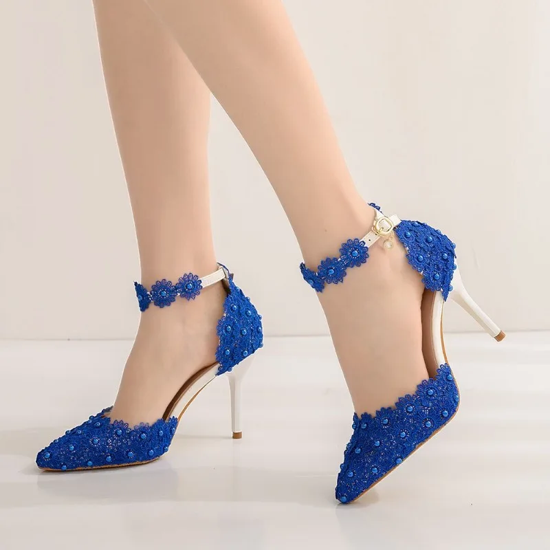 Summer Women Sandals Party Pointed Toe String Bead Buckle Strap PU 9CM Thin Heels Flower Lady Party Shoes for Women Blue