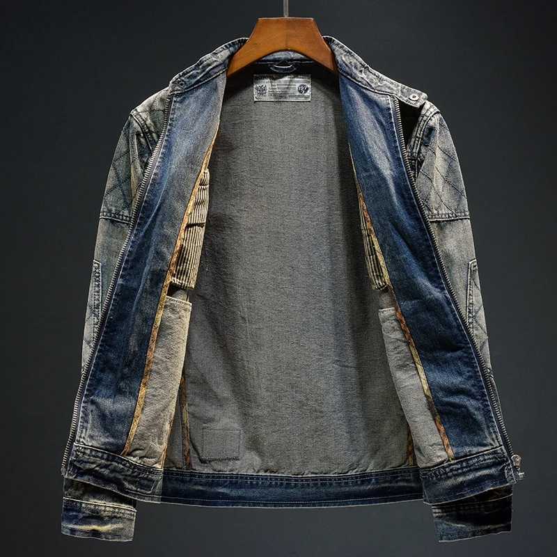 Retro shaver spliced denim jacket mens upright collar slim suitable for casual hand washing nostalgic street motorcycle jacket W24091410