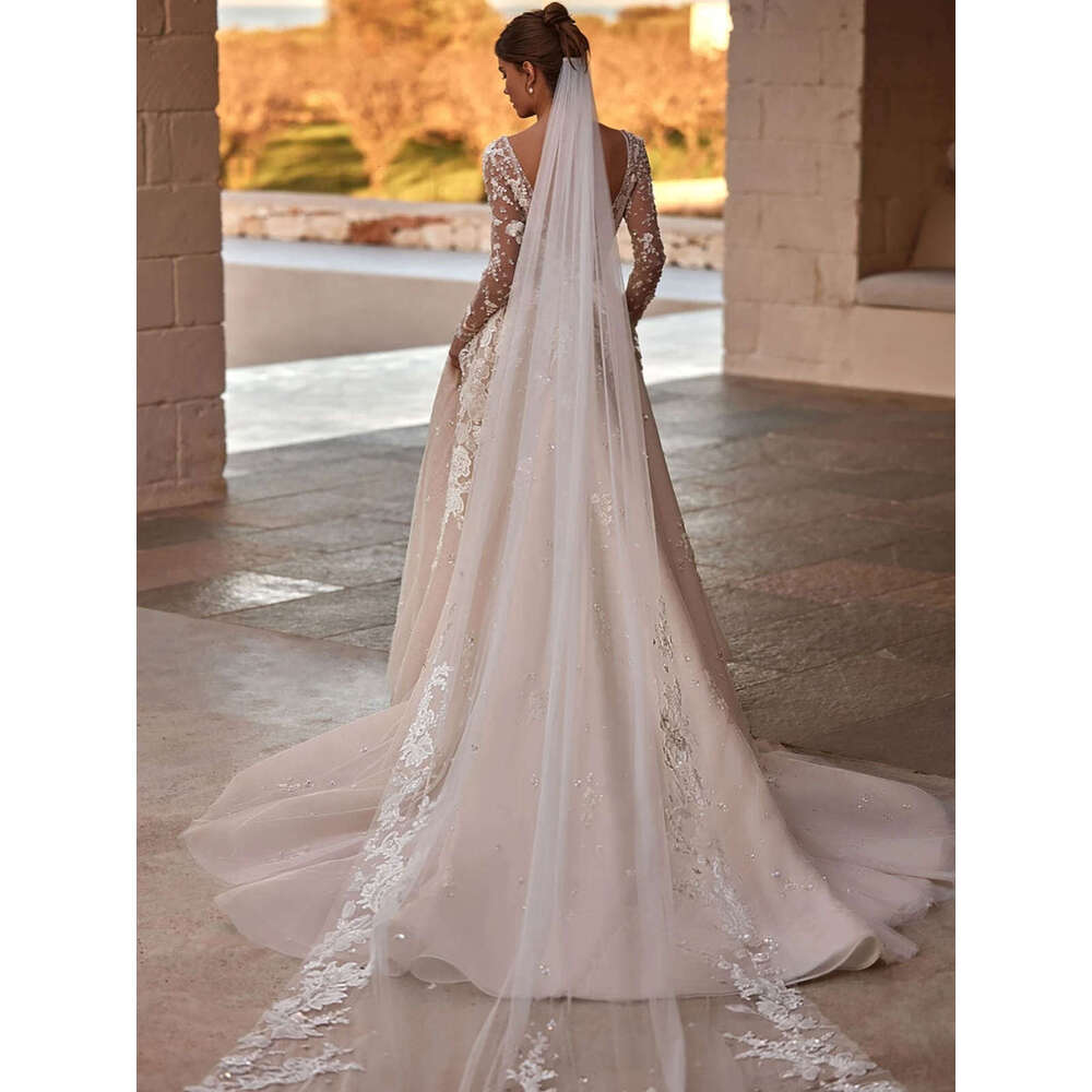 Romantic Wedding Dresses A-E V-Neck Appliques Sequined Sleeve Or-Length Long Bridal Gown Vestido De Novia Custom Made 0228Lz
