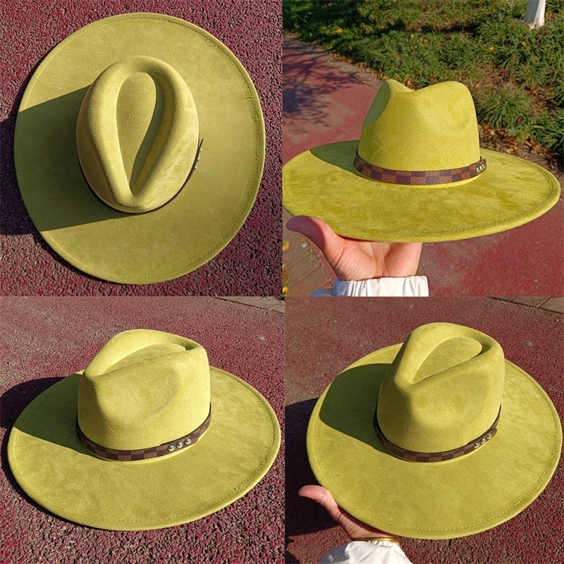 Avocado Green Fedora Suede Hat Checkered Belt Water Drop Top Large Brim Hat Mens and Womens Hat Suede Hat sombrero mujer 240912