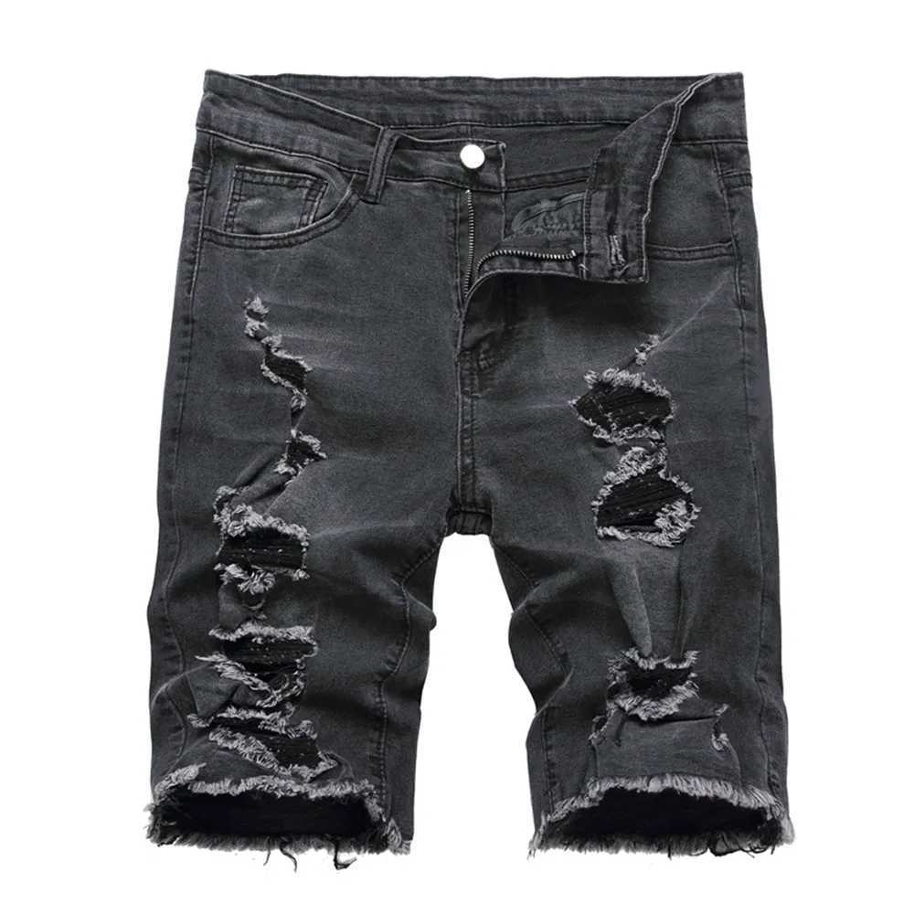 Men Summer Holes Five-point Pants Street Stylish Slim Male Distressed Solid Straight Beach Denim ShortsX240914