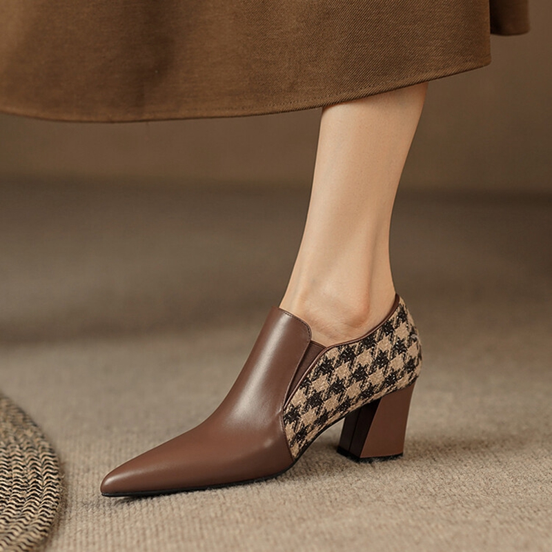 Spring NEW Women's Pumps Genuine Leather High Heels Pointed Toe Chunky Heel for Women Lattice Cotton Fabric New Handmade Shoes d493