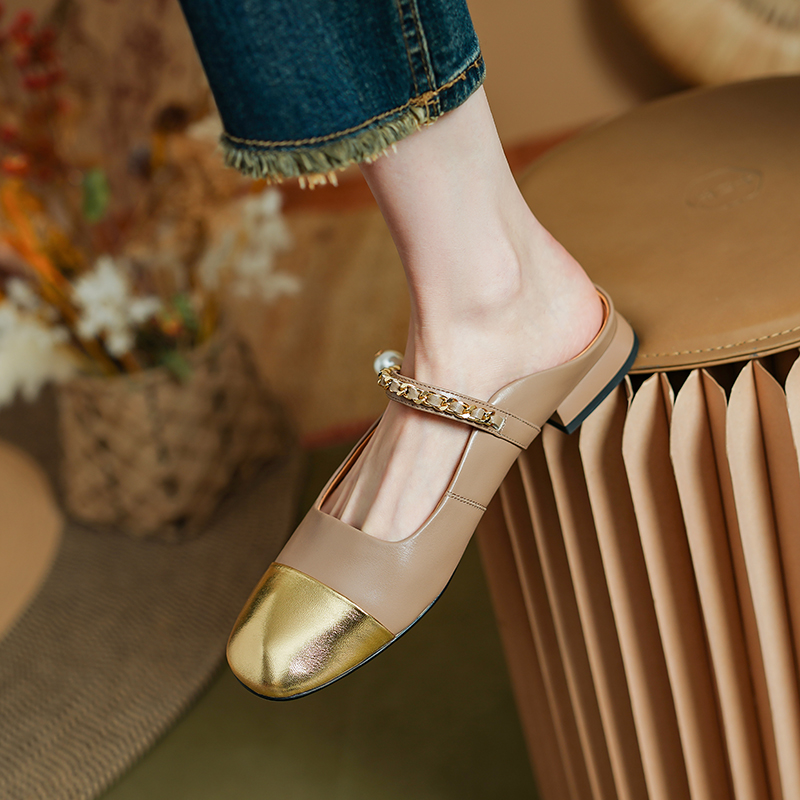 2024 Summer Women Mules Genuine Leather Shoes for Women Cover Toe Low Heel Slippers Square Toe Sandals Internal Elevation Shoes