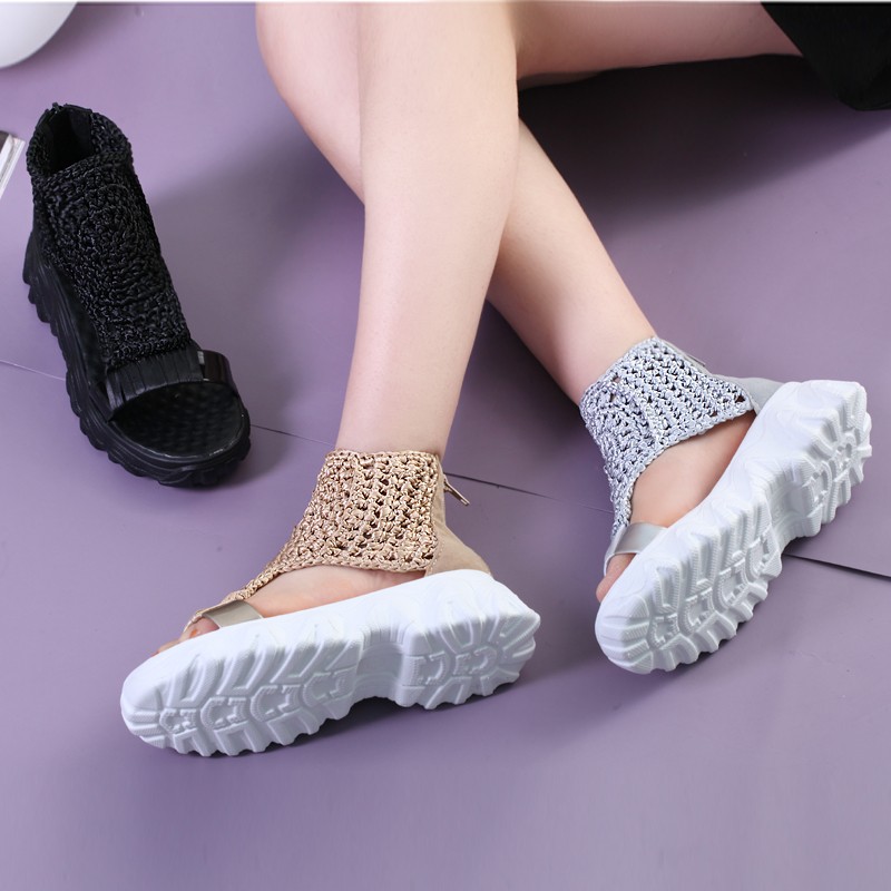 Sandals Women Braided Geometric Wedge Sandals Knitted Elastic Summer Shoes Mesh Flat Sandals Hollow Female Platform Shoes gold