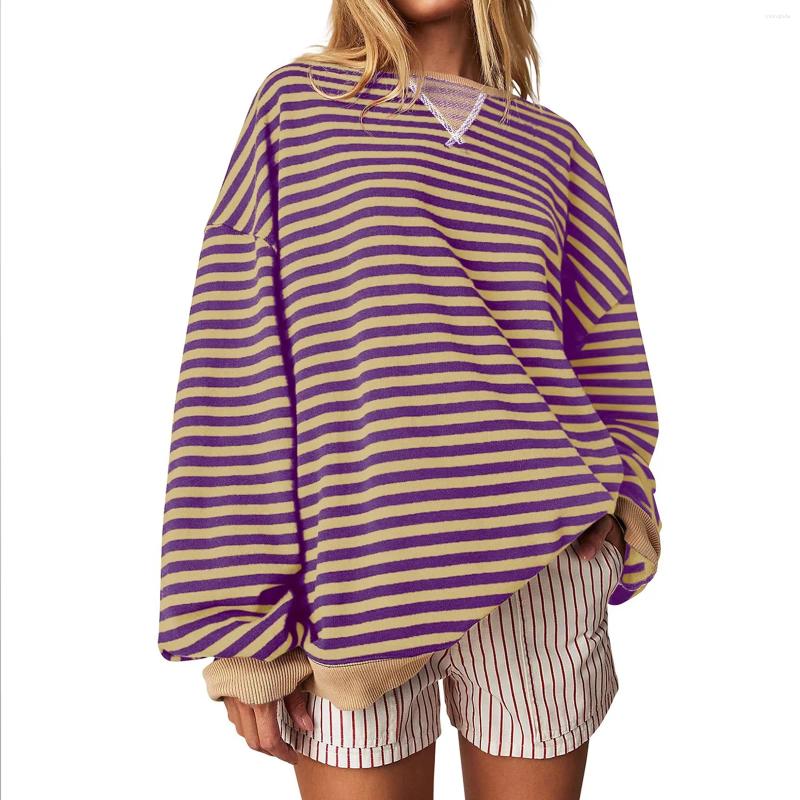 Womens T Shirts 2024 Oversized Striped Color Blocking Long Sleeved Round Neck Sports Shirt Casual Loose Fitting Pullover Top