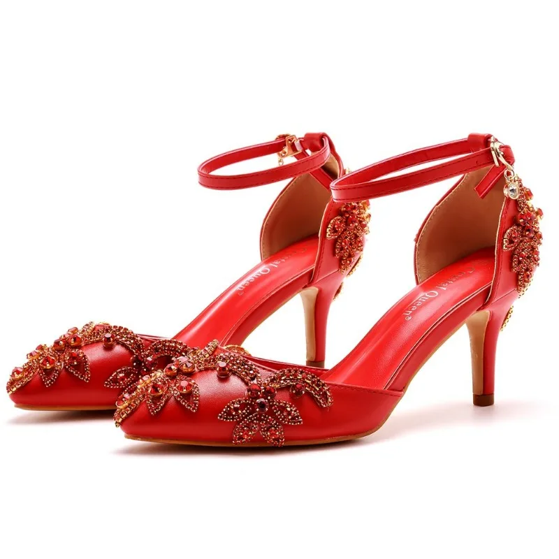 Summer High-heeled Women's Sandals Rhinestone PU 7CM Thin Heels Buckle Strap Mature Women's Shoes Golden Yellow Fashion