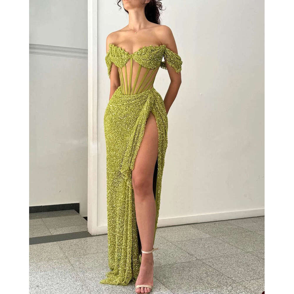 New Design Evening Straight Off The Shoulder Split Sequined Sleeveless Prom Gown Party Dress Vestido De Noite Custom Made