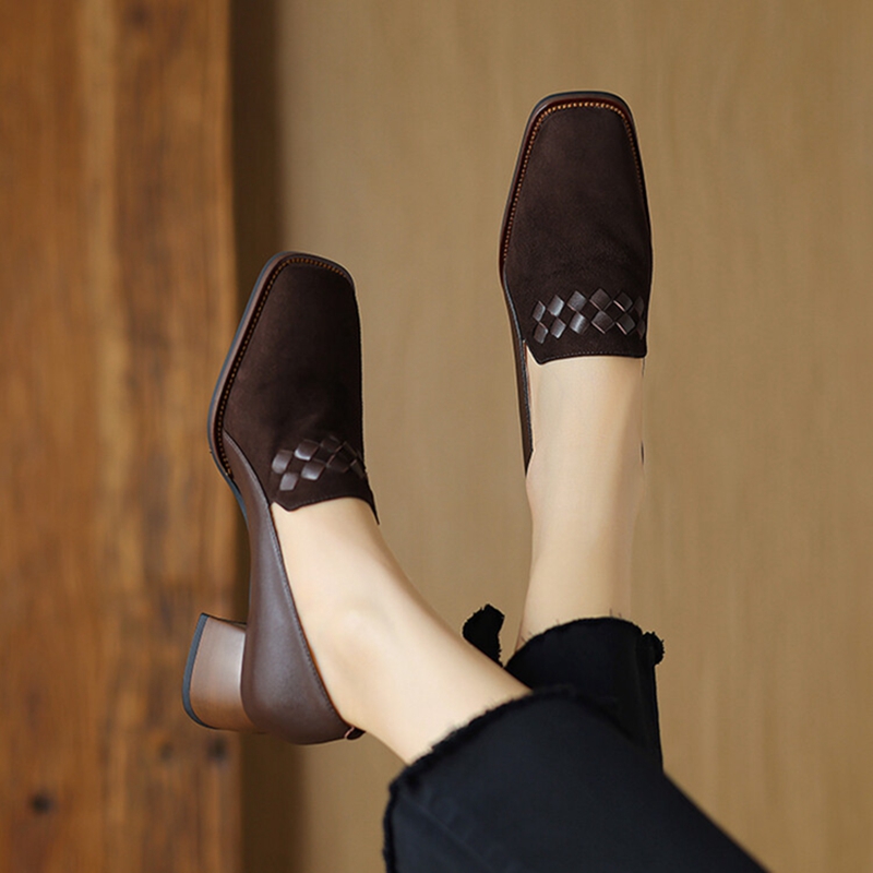 Spring/Autumn New NEW Loafers Sheep Suede Leather for Square Toe Chunky Heel Black Shoes Concise Weave Women Pumps 0f05