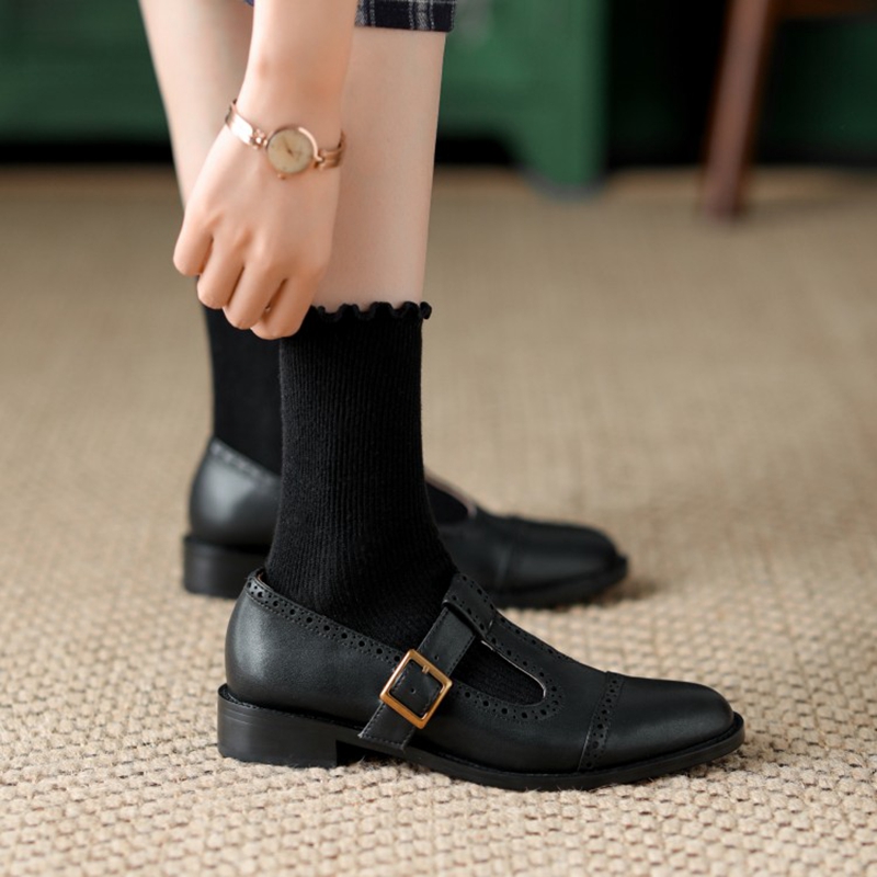 2025 new New 2022 Spring/Autumn Women's Shoes Round Toe Chunky Heel Mary Janes Split Leather Brown/Black Brogues Women Pumps e7c2