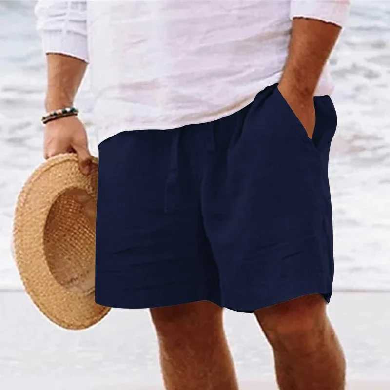 Mens summer cotton and linen shorts with drawstring elastic waist straight legs solid color breathable daily beach capris Y240914
