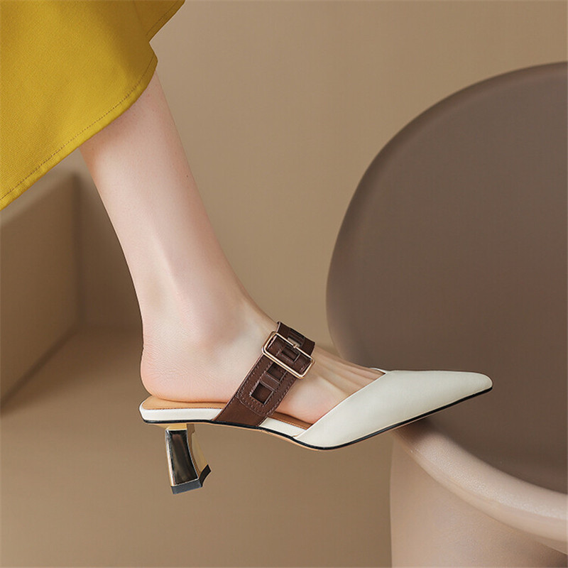 2023 New Summer Women Shoes Pointed Toe High Heels Women Sandals Shoes for Women Cowhide Shallow Mueller Shoes Slippers Women