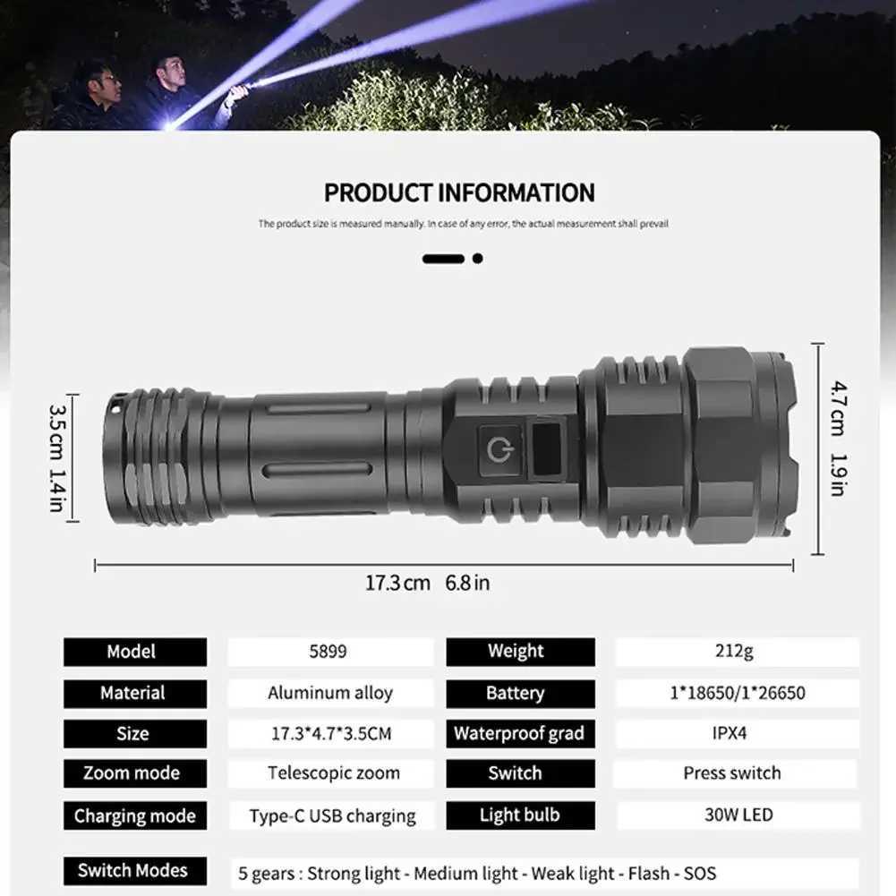 100000000 Lumens White LED Torch Strong light USB C Rechargeable Powerful Flashlight Zoomable Torch Light 5Modes for Outdoor Y240913