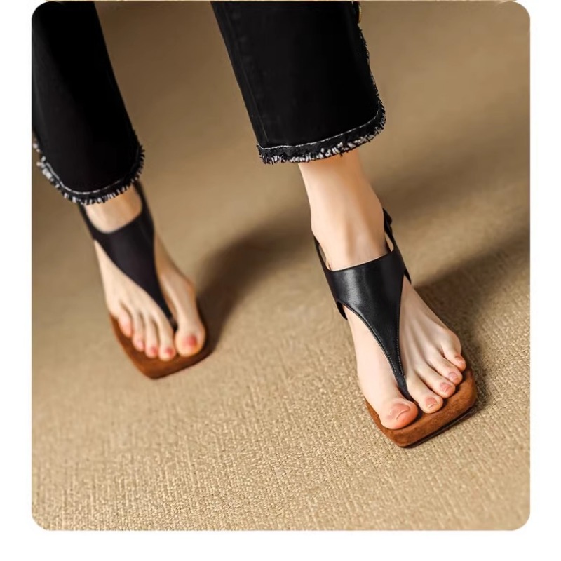 Toe Sandals Women's 2024 New Summer Outer Wear Cowhide Slope-heeled High-heeled Roman Shoes Design Niche Womens Shoes
