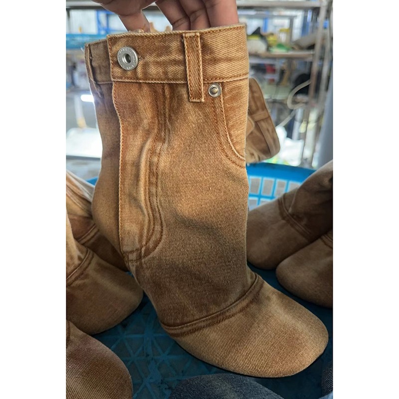 Spring Autumn New Irregular Heel Denim Skirt Edge Trouser Boots European American Women's Sewing High Heels Fashion Short Boots