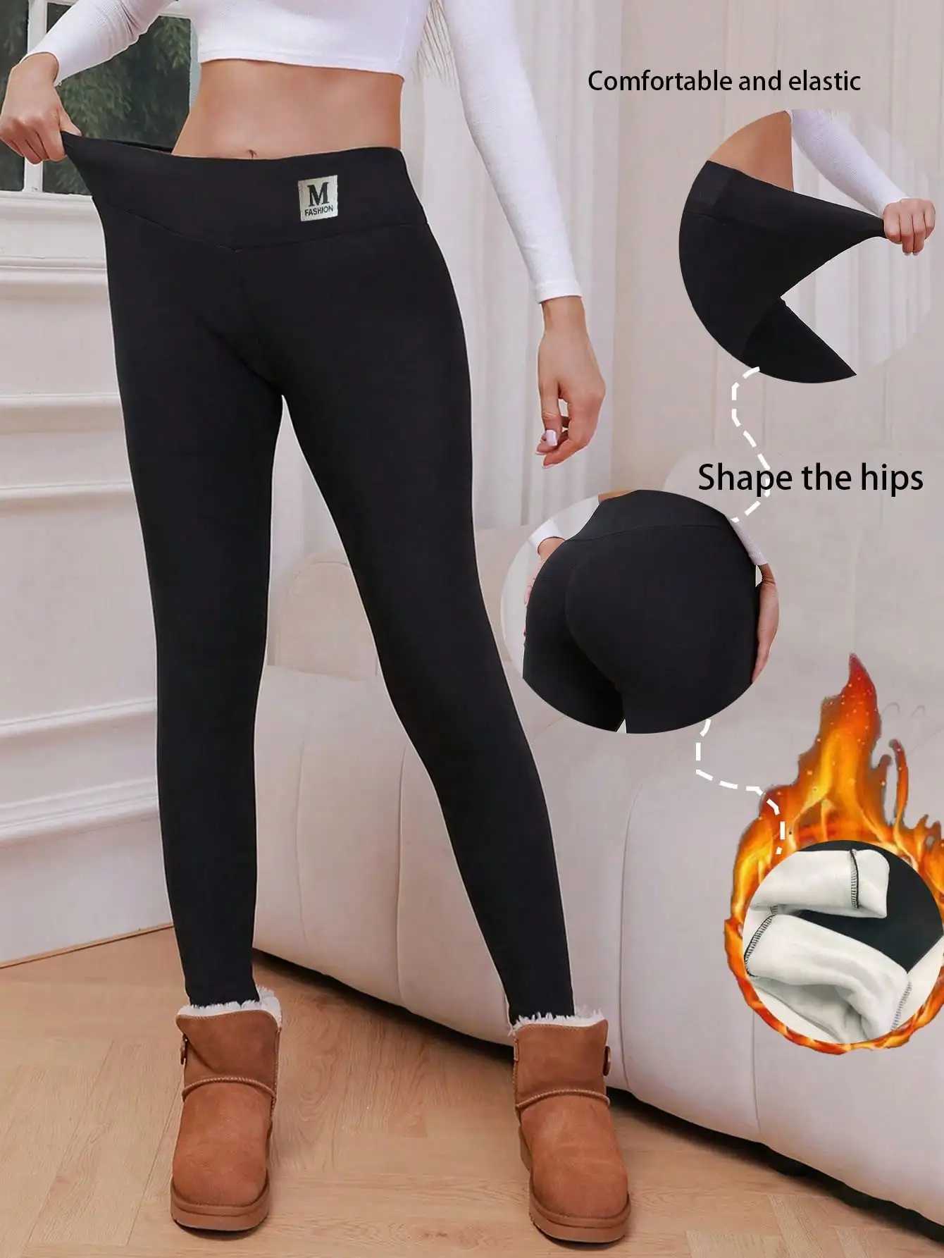 Womens Winter Warm Plush Thermal Black Leggings - Cozy Stretchy Pants For Fall WinterX240914