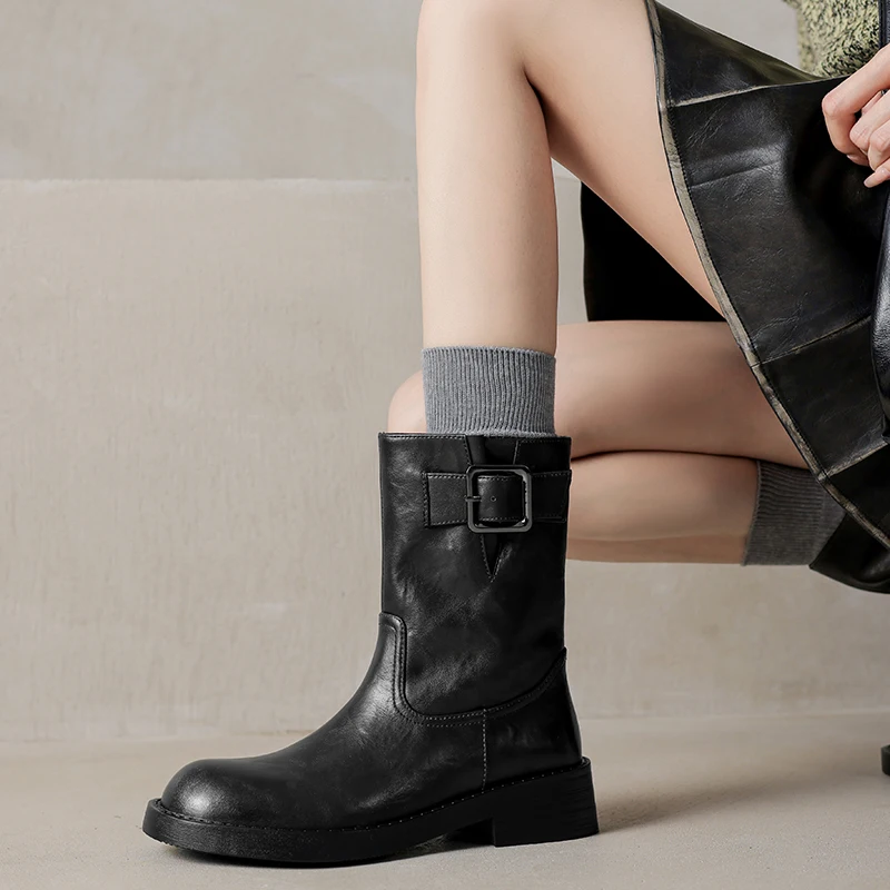 JOZHAMTA Size 34-41 Women Ankle Genuine Leather Wide Calf Thick Heels Platform Boots Casual Buckle Strap Daily Dress Shoes