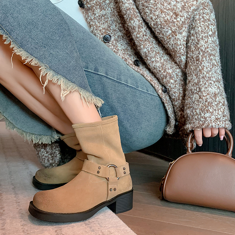 JOZHAMTA Size 34-39 Women Wide Mid Calf Real Leather Western Cowboy Boots For Cowgirl Thick Heels Shoes Winter Daily Dress