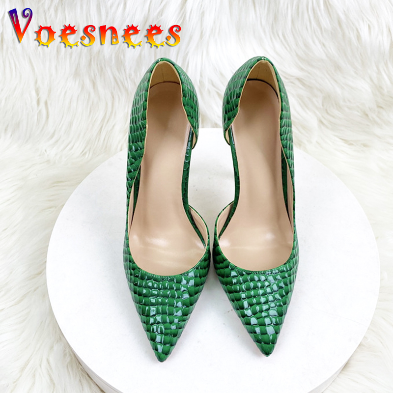 12CM Embossing Single Shoes Sexy Pointed Toe Women Evening Party Dress High Heels New Summer Office Green Slip On Stiletto Pumps