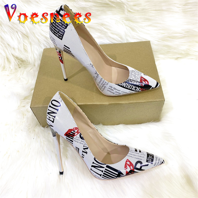 Letter Print High Heels Artistic Graffiti Women Fashion Single Shoes Pointed Toe Stilettos Europe And America Style Party Pumps