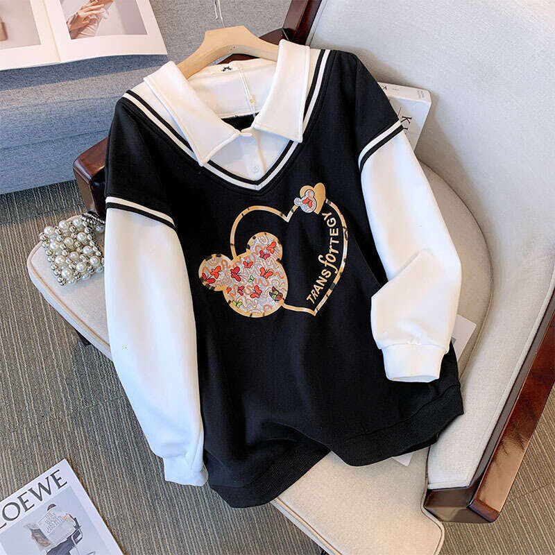 150Kg Plus Size Women's Bust 160 Autumn Loose College Style Patchwor Sweatshirt Poli Collar Top Black 6Xl 7Xl 8Xl 9Xl 10Xl