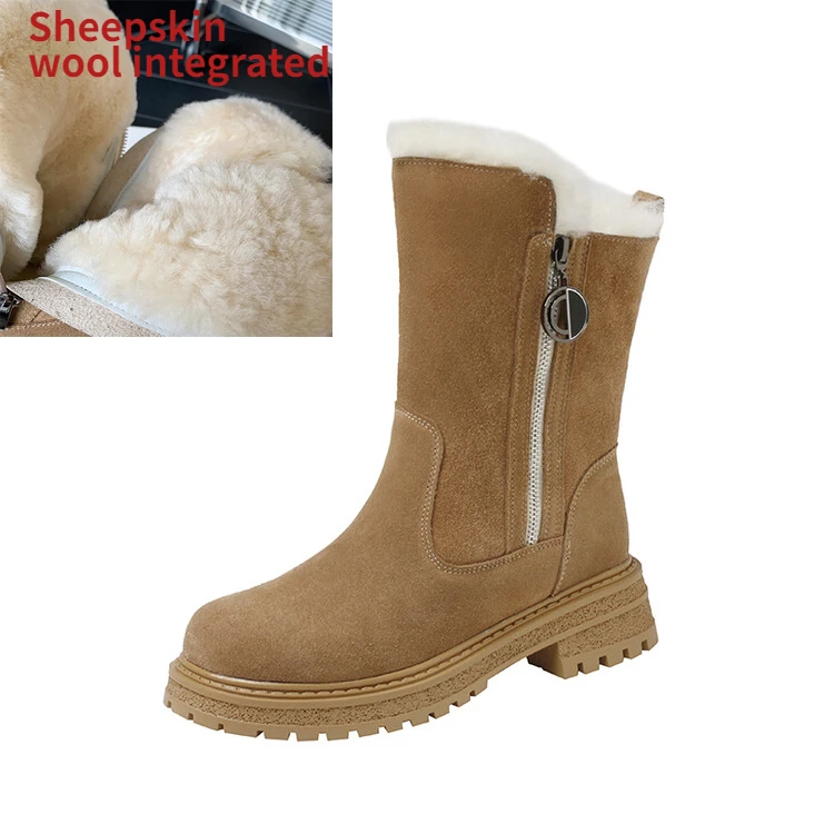 Winter Sheepskin Wool Integrated Warm Black Brown Plush Cold Resistant Thick Soled Snow Boots Women's Cotton Shoes