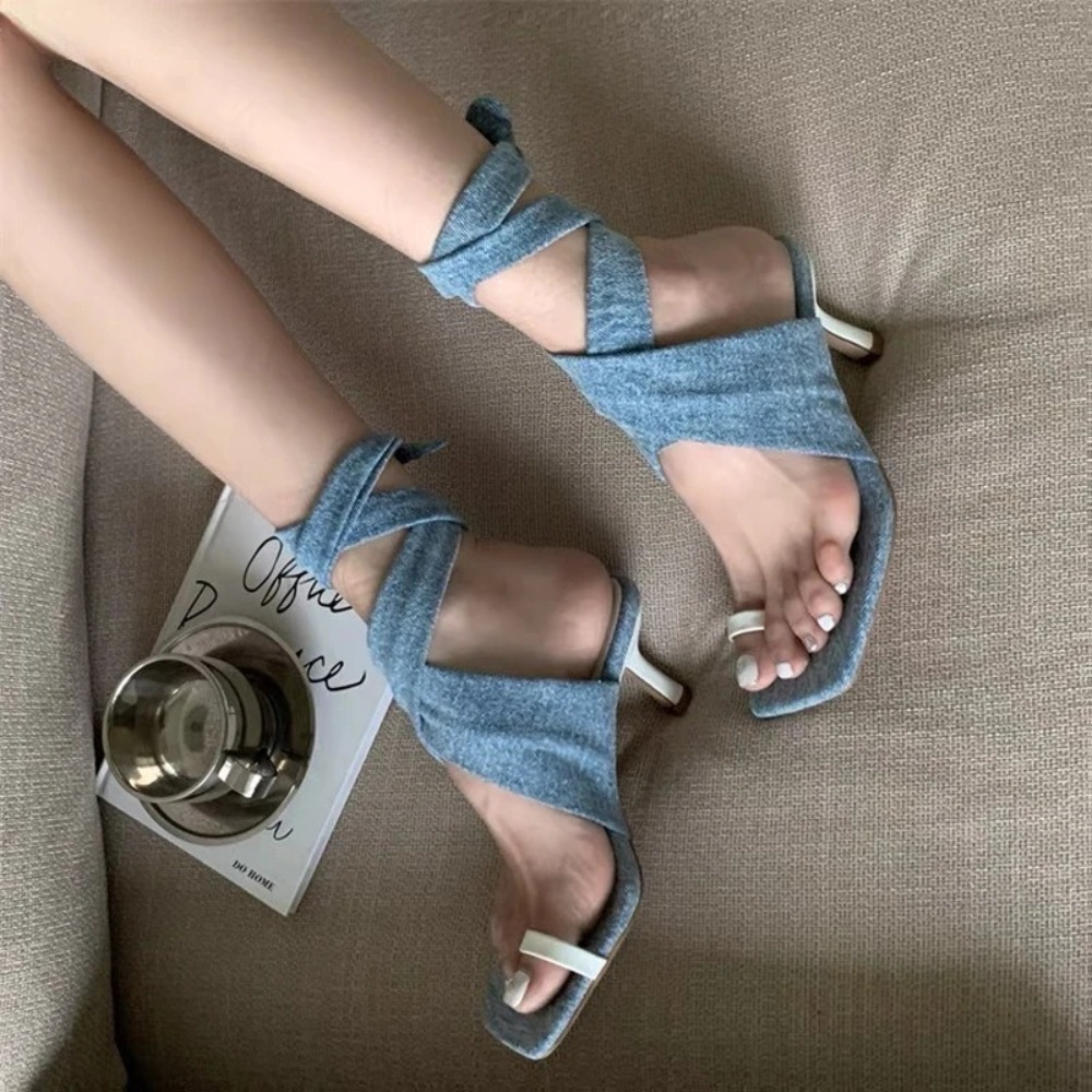 Clip-on Stiletto Sandals Women's Summer Hollow Denim Shoes 2024 Word Cross Strap High-heeled Shoes Roman Shoes Women