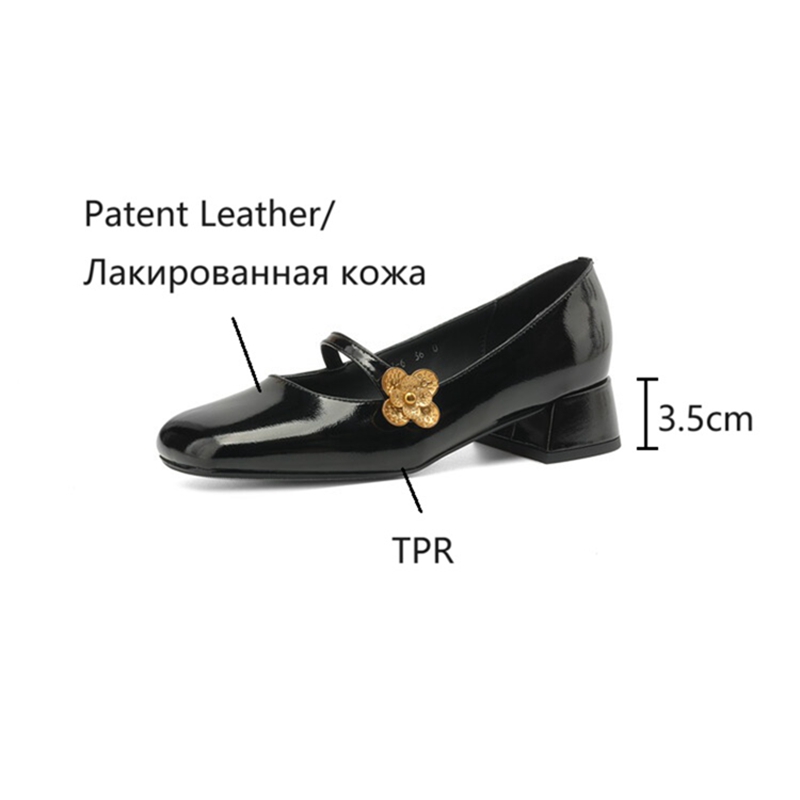 Spring NEW Pumps Patent Leather for Women Square Toe Chunky Heel Metal wer Mary Janes Plus Size Black Shoes 5ef1