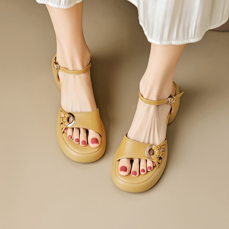 Woman Summer Split Leather for Women Round High Open Toe Chunky Heel Sandals Casual Platform Shoes f818 Platm