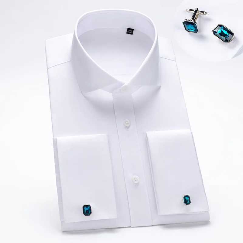 Luxury Windsor Collar Mens Cotton French Cuff Shirt Non Iron Quality Long Sleeve Business Formal Male Dress Cufflink Shirts Z240914