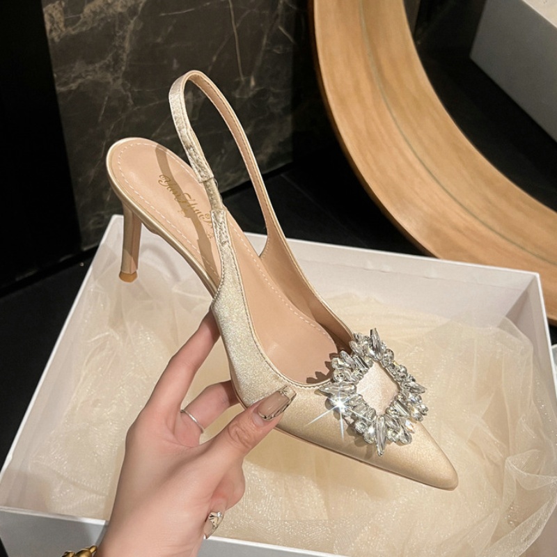 2024 Summer New Pointy French Satin High Heels Women's Thin Heels Square Buckle Rhine-diamond Wedding Shoes