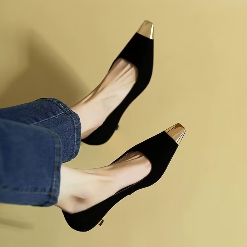 Women's Pumps Mid Heels Office Lady Shoes Gold Toe Boat Shoes Black Gold Heels Dress Shoes Velvet Pump Spring Autumn 1740N