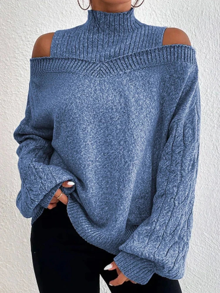 Winter Fashion Womens High Neck Knitted Pullover Loose Elastic Wool Knitted Top Off Shoulder Elegant Street Style Sweater 240911