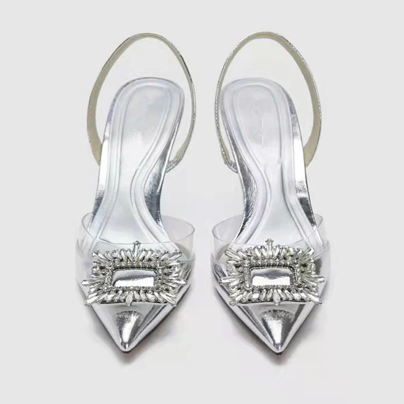 Brand Designer Silver High Heels Sandals 2024 Summer Crystal Square Buckle Woman Pointed Toe Slingbacks Party Shoe