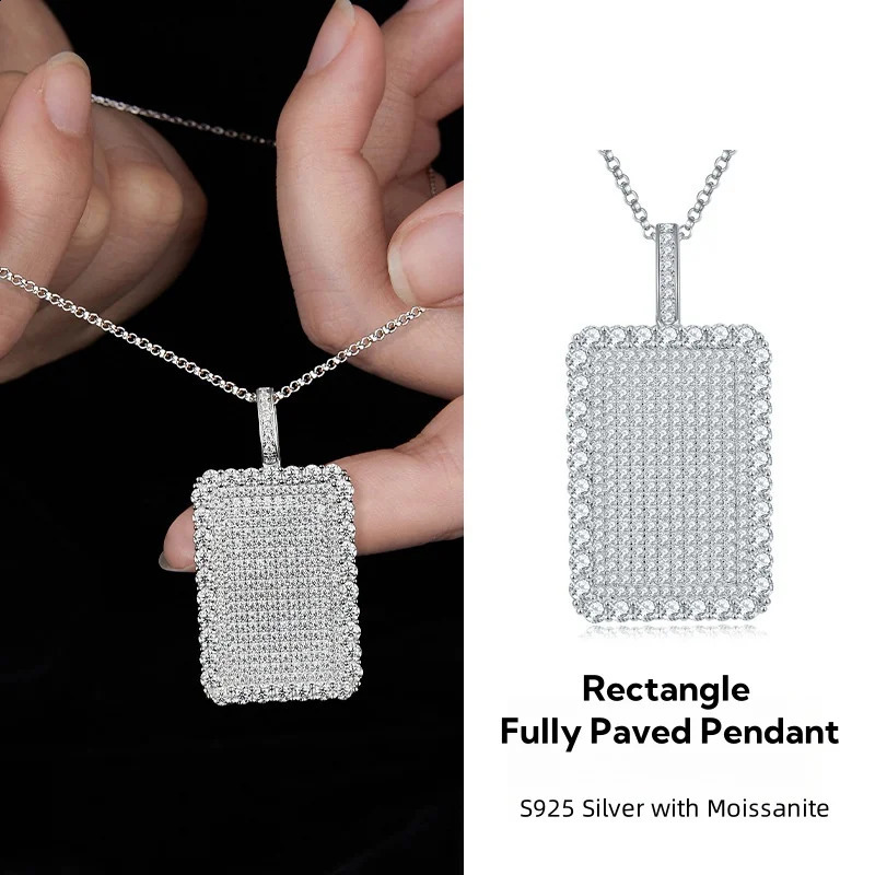 Rectangular fully covered pendant S925 silver with Moissanite hiphop style all necklace boys jewelry 240912