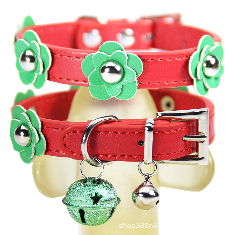 Pu Pet Collar Adjustable Christmas Halloween Pet Collar with Double Bells and Cute Flower Decorations for Cat & Dog Accessories