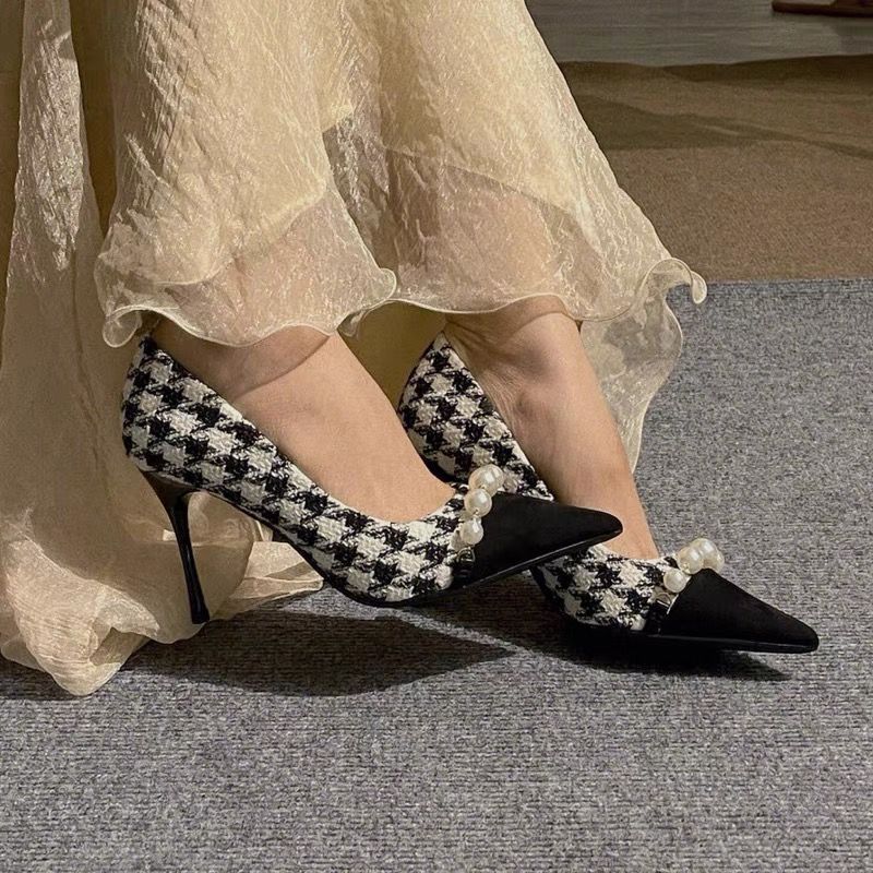 Korean Version Pearl High Heels Slender Heel Spike Single Shoes 2023 New Fashion Simple Shallow Mouth Womens Shoes Autumntime