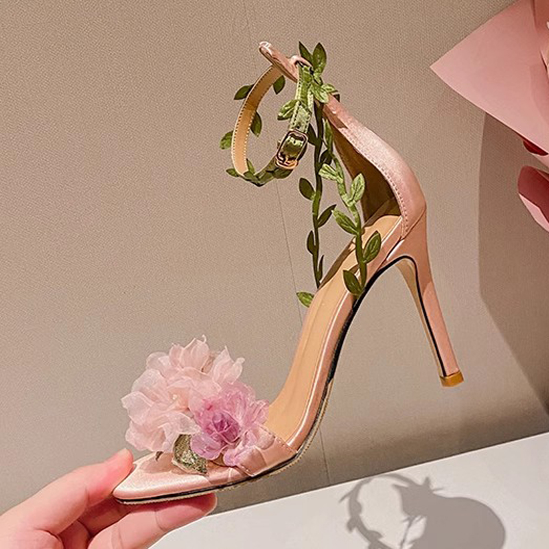 Organza Pink Flower with Leafs Sandals Thin High Heels Peep Toe Summer Rural Floral Beauty Bridal Sandalias Wedding Dress Shoes