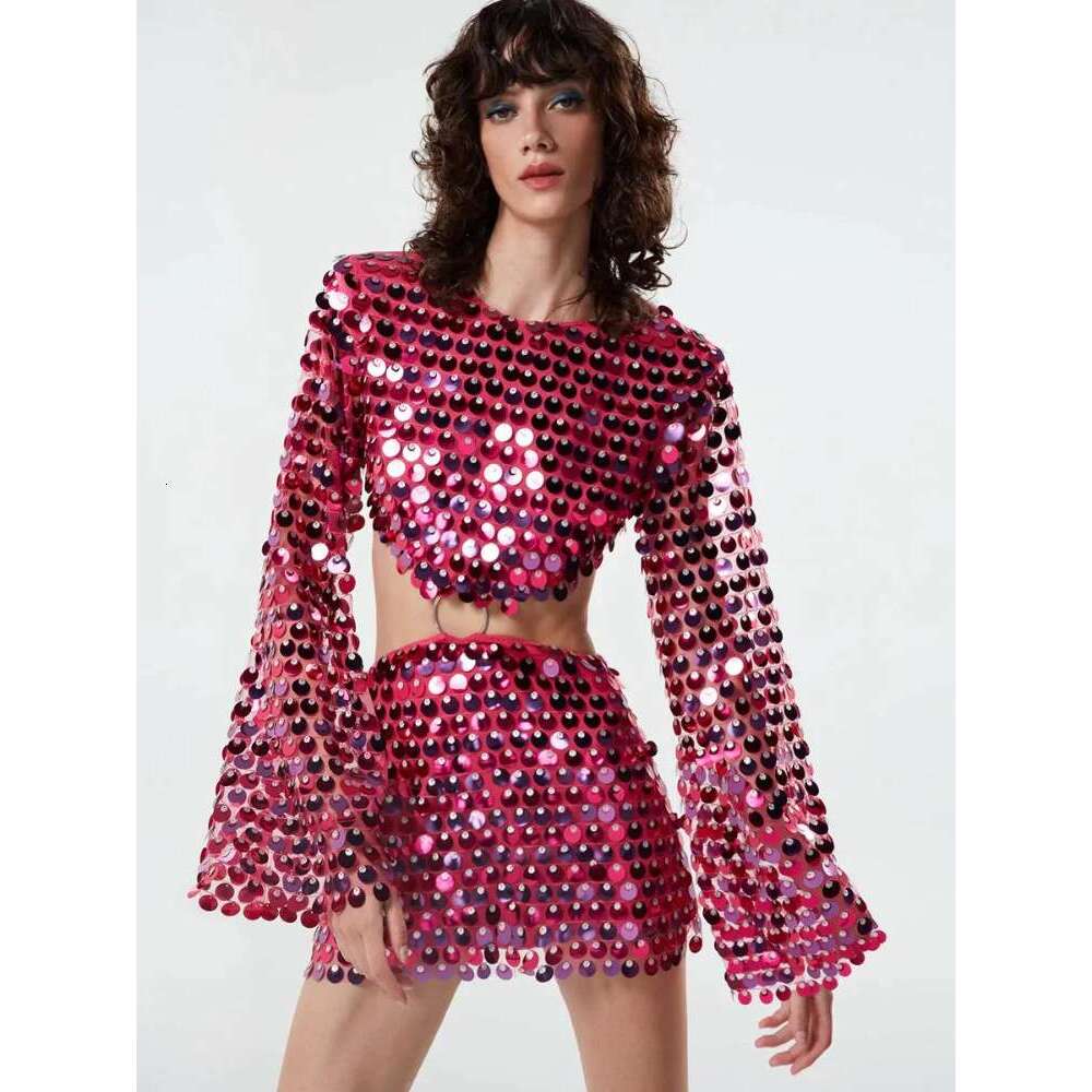 Women Fashion Glitter Sequins Hollow Out Mini Dress Elegant Round Neck Long Sleeves Short Dresses 2024 Female Chic Party Outfit