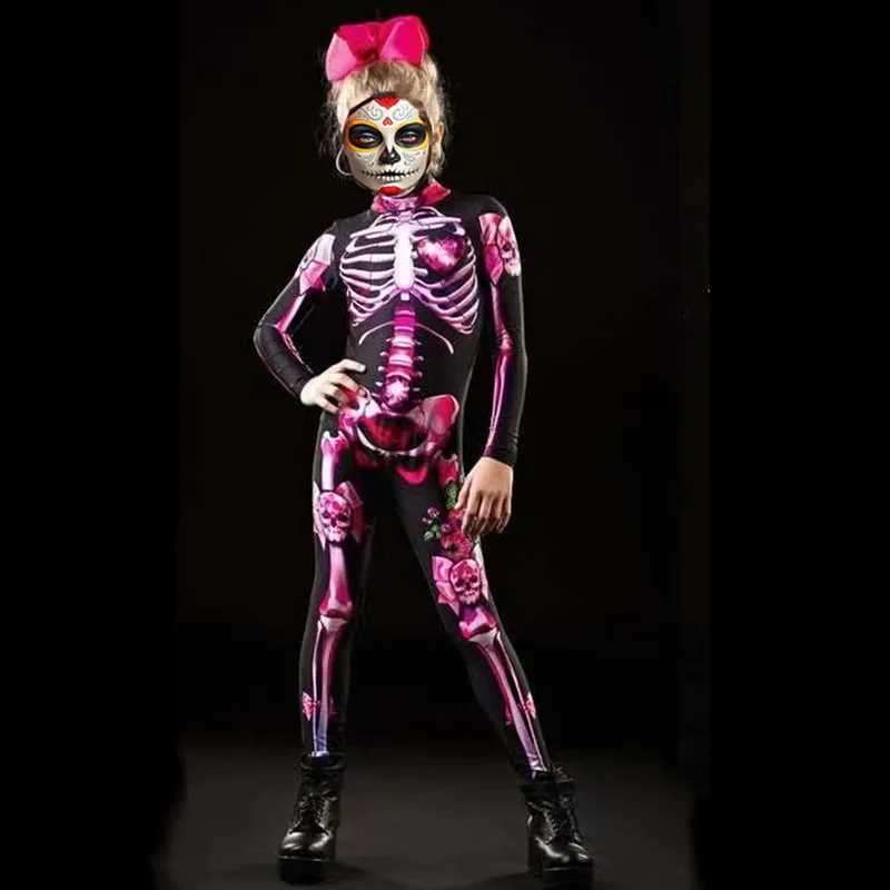 Female ghost bride jumpsuit printed with skull rose dress horror themed party Halloween girl fashion parent-child costume W240914