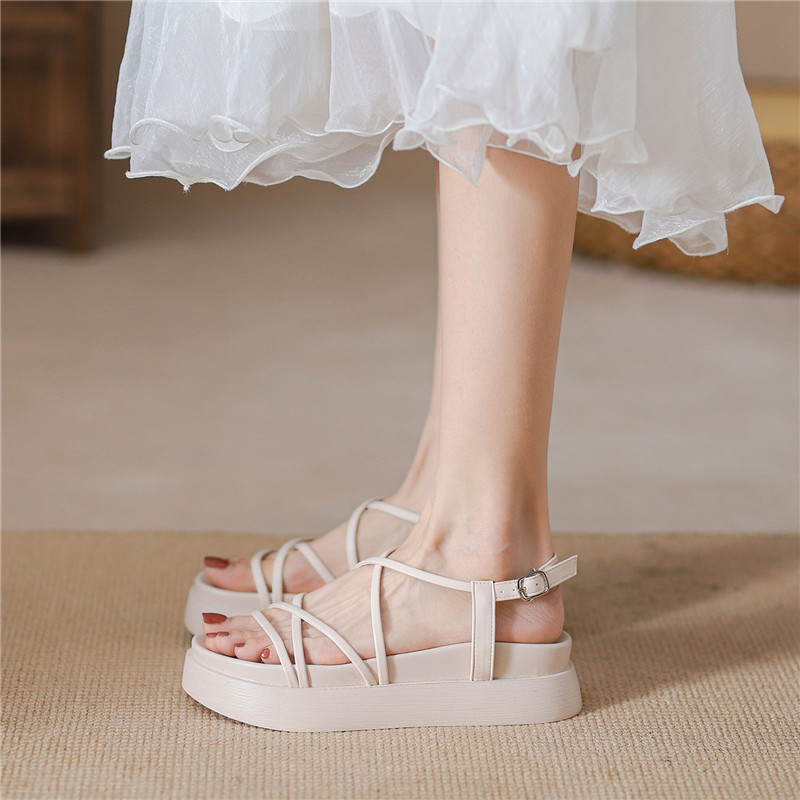 Heeled Beige Sandals Beach Shoes Cross Muffins shoe All-Match 2024 Summer Black Flat Clogs Fashion Girls New Low Comfort PU Casu d302
