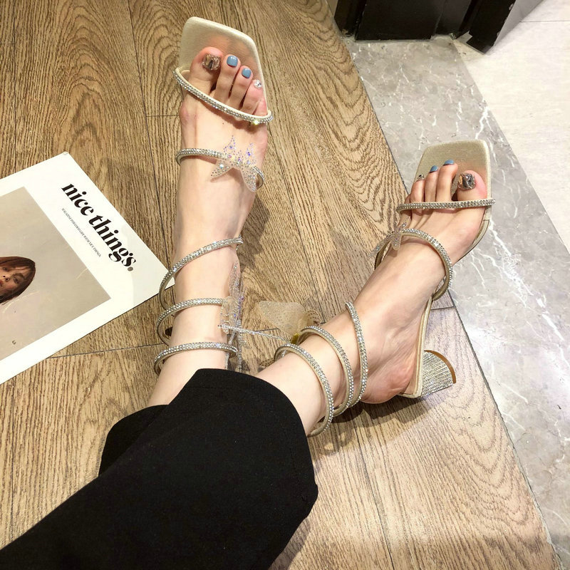 Luxury Sandals Women's 2024 New Thick Heel Square Head Shiny Winding Fairy Rhinestone Butterfly Roman Sandals
