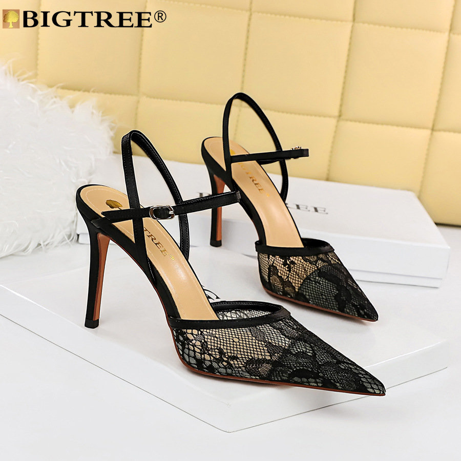 Ankle BIGTREE Stiletto Heel Dress Sandals Novelty Buckle Strap Lace 9CM Thin Heels Fashion Girls Women Shoes Black New 4c2e s