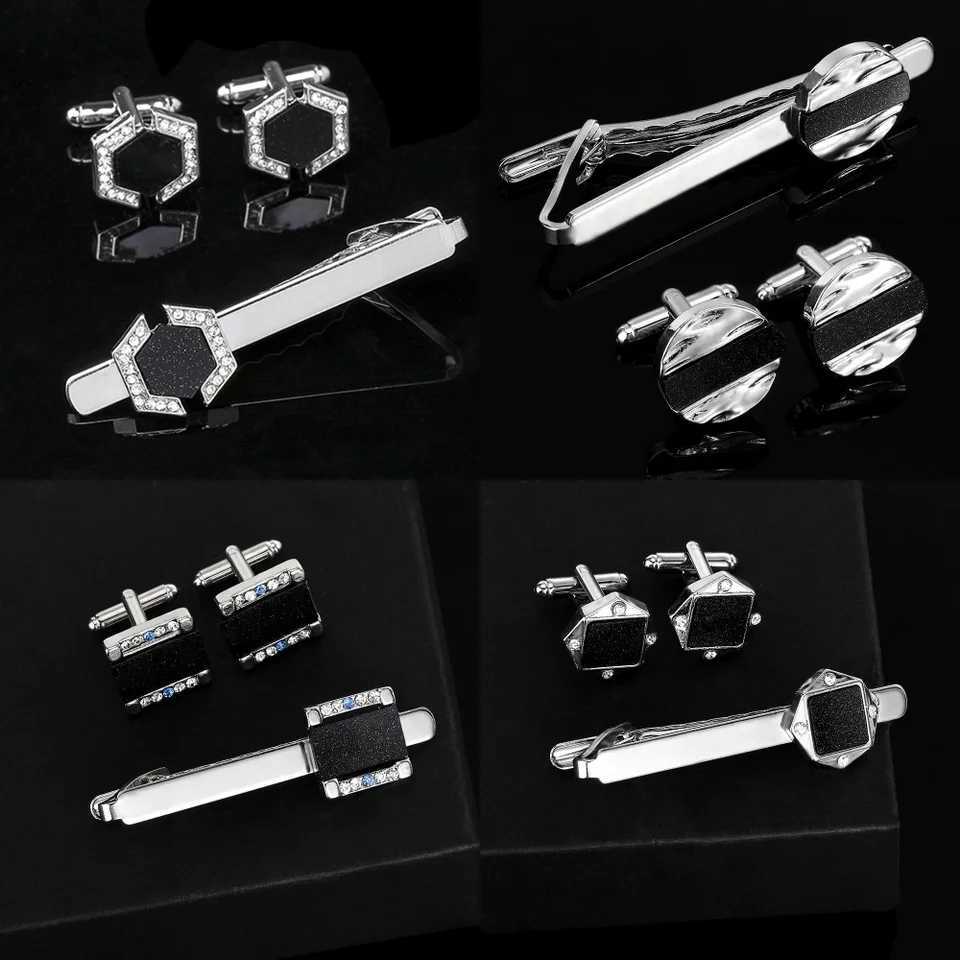 Geometric Rhinestone Galaxy Carbon Fiber Cufflink Tie Clip Set Personality Square Round Hexagon Rhombus Mens Crystal JewelryX240914